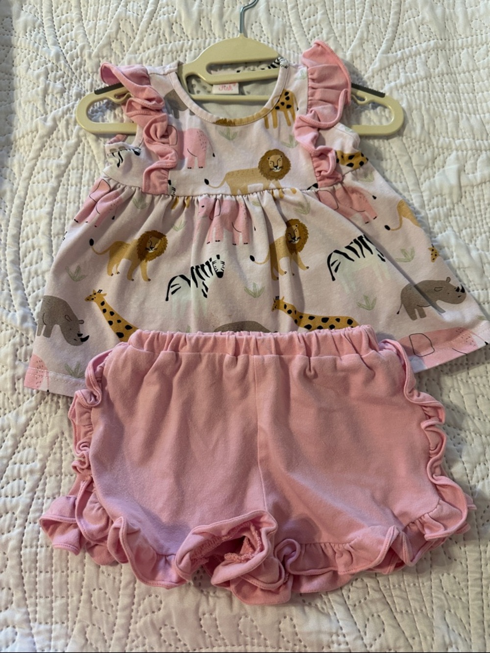 Stitchy Fish Pink Ruffle Safari Print Top & Bloomers Set